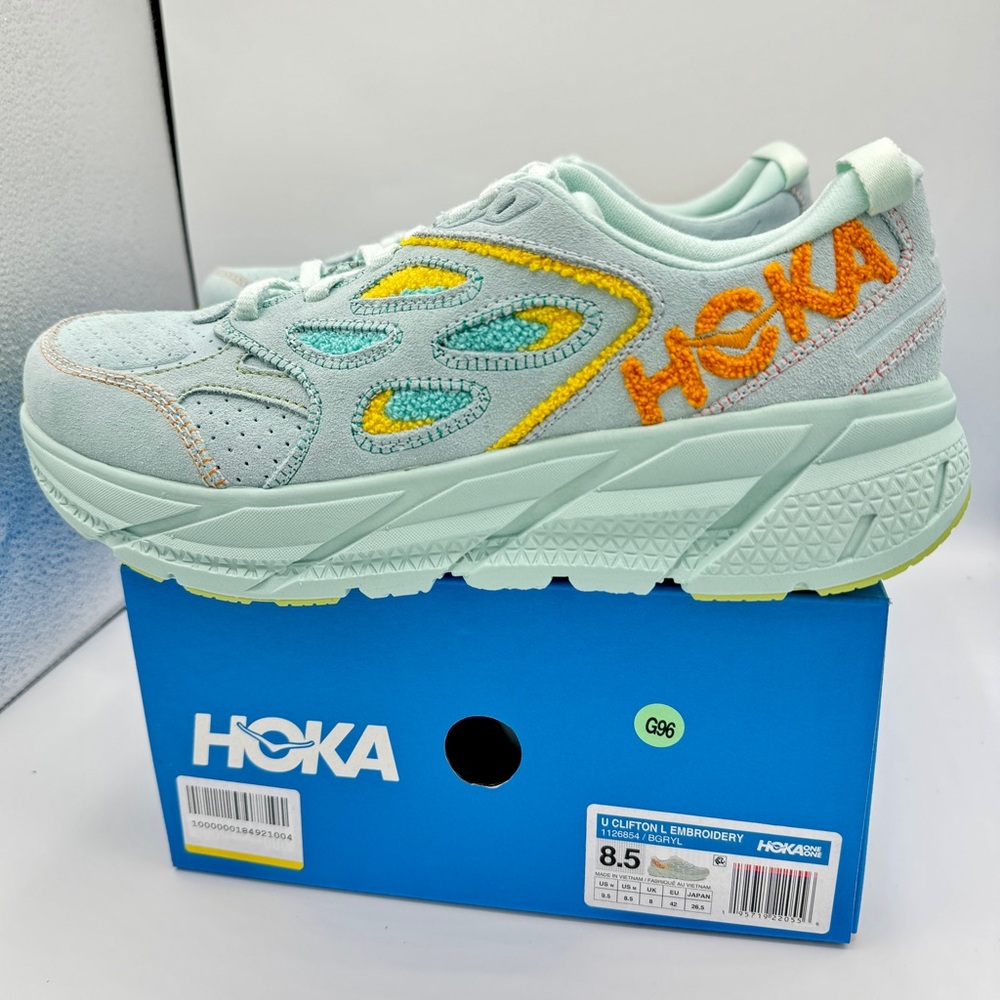 NWT Hoka Clifton Leather Embroidery UNISEX Shoes blue glass radiant yellow NEW - Picture 3 of 16